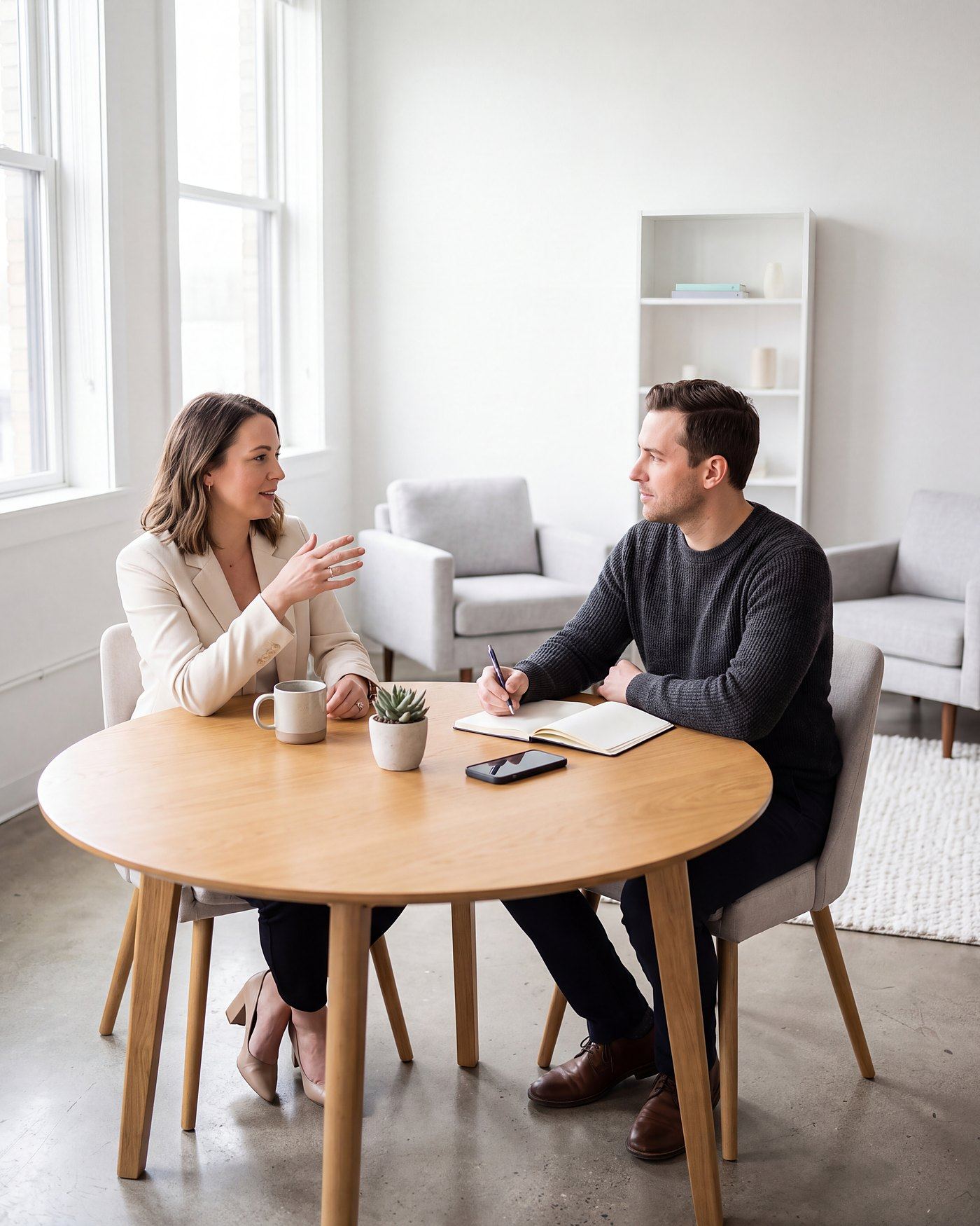 Zwei Personen im persönlichen Coaching-Gespräch an einem runden Holztisch in einem hellen Büro